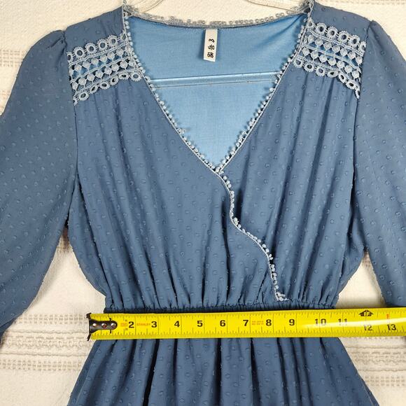 Blue Swiss Dot Mini Dress Lace Trim Wrap Style Elastic Waist Juniors XS Used - Picture 3 of 7